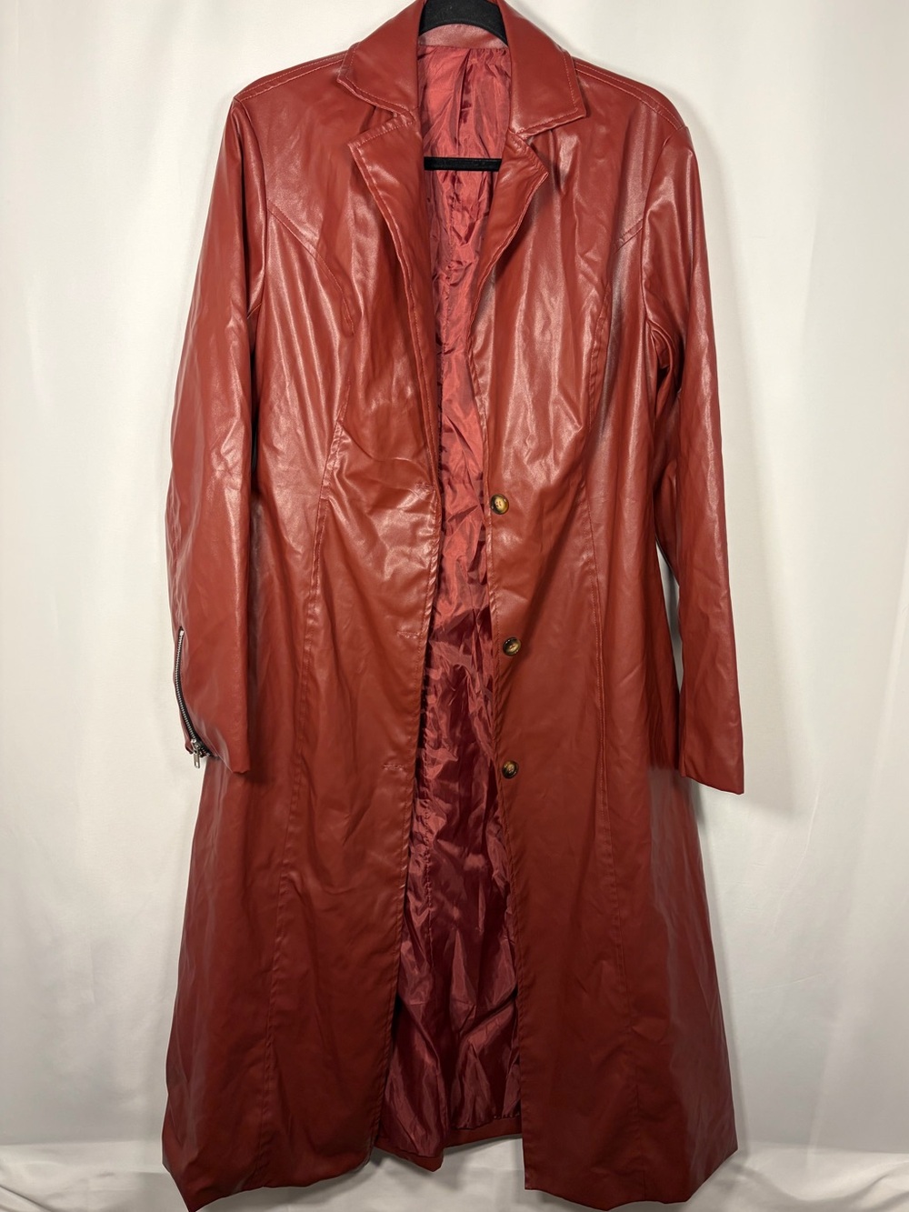 Red Faux Leather Matrix Trench Coat Longline Duster Jacket Size Large